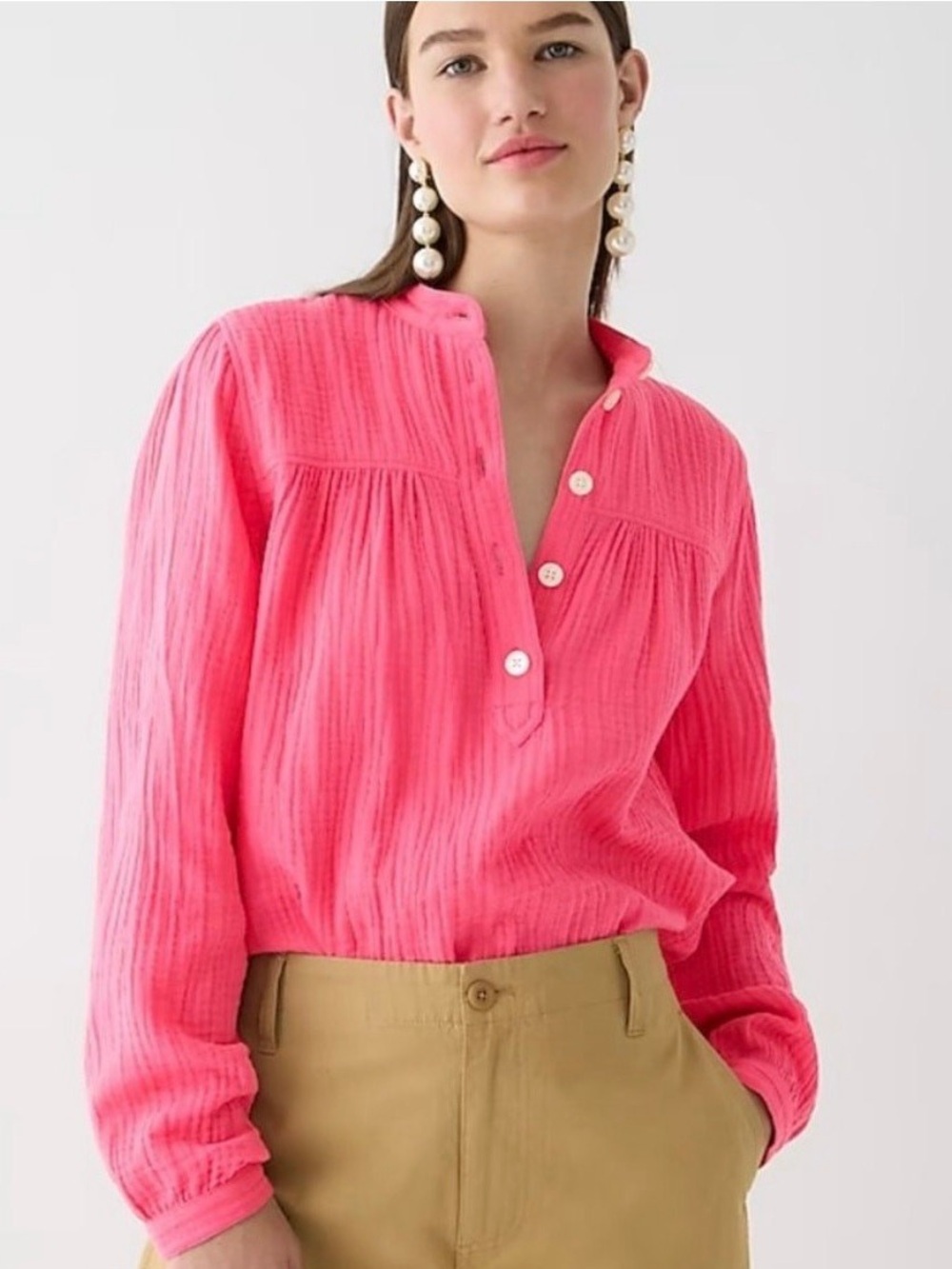 J. Crew Fresco Soft Gauzy Long Sleeve Bright Pink Cotton Tunic Blouse Top size M